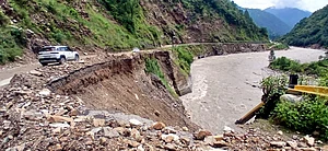 PTI : A portion of a road damaged by heavy monsoon rains on the Kedarnath Yatra route, in Rudraprayag district of Uttarakhand